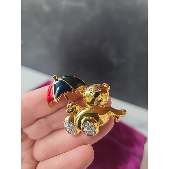 Vintage Rhinestone Teddy Bear With Umbrella Brooch - Picture 2 of 10